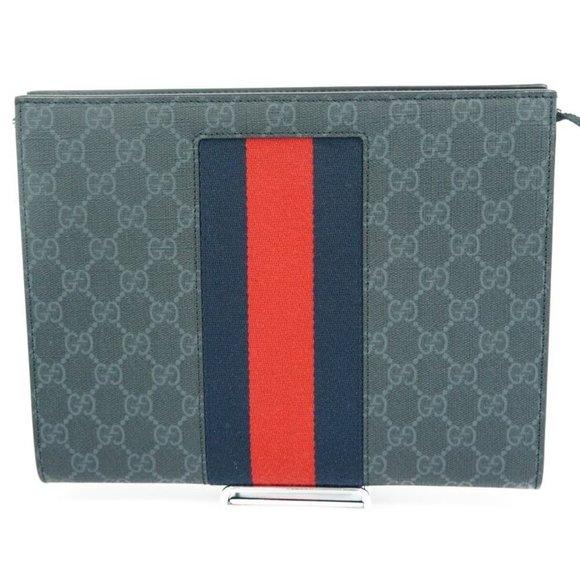 GUCCI Supreme Sherry Line GG Web PVC Canvas Leather Black Clutch Bag - Picture 1 of 16